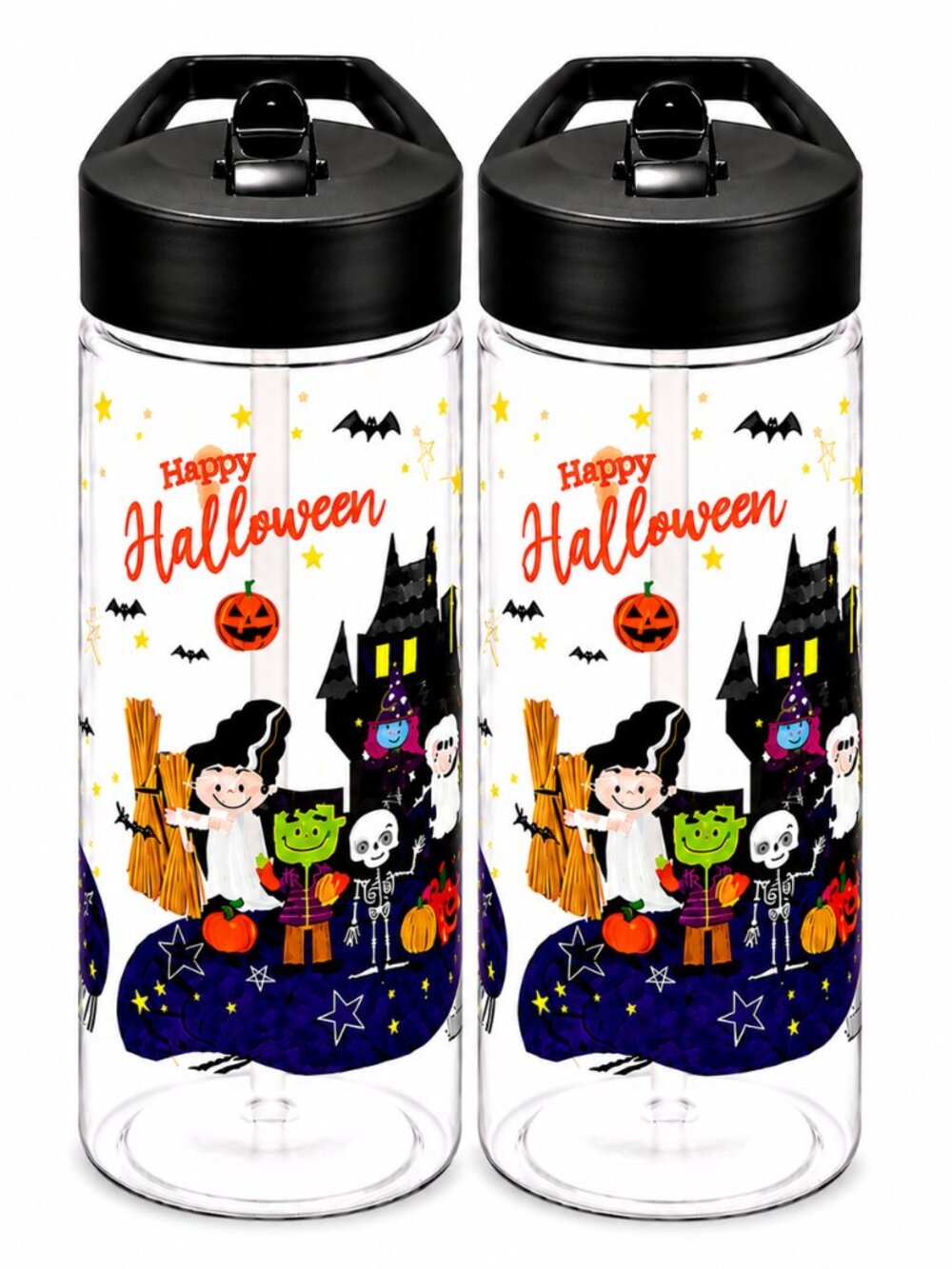 Halloween Water Bottles 16oz 2 Pack Happy Halloween Flip Top Black Clear
